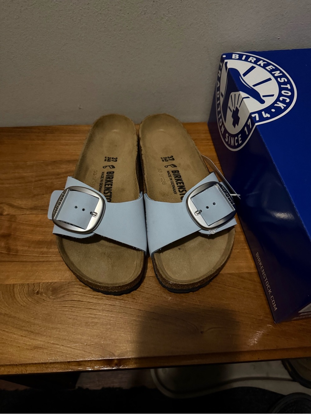 Birkenstock Kids Light Blue Single-Band Sandal with Large Silver Buckle